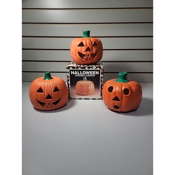 3 Halloween Ceramic Pumpkin Jack-o-lantern Tealite Candle Holder Set Lot - Picture 1 of 8